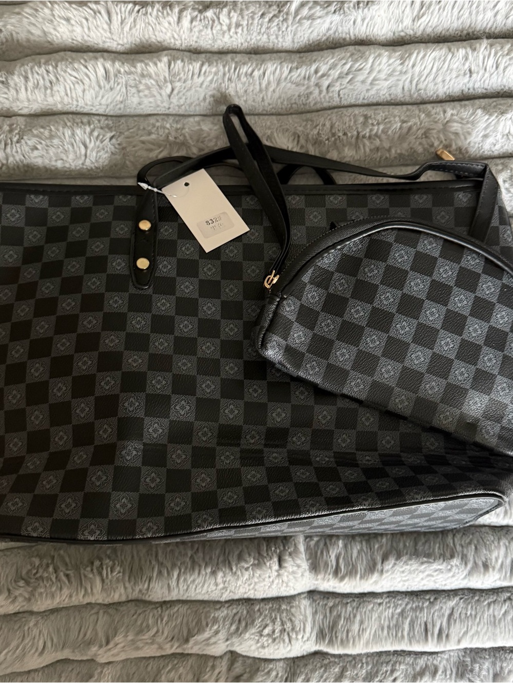 Checkered Tote Bag with Matching Pouch - Black/Gray